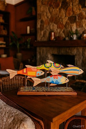 Escultura Artesanal Peixes em Madeira com Base