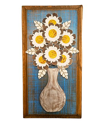 Quadro de Flores de Madeira Fundo Azul Fazenda Artesanal