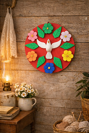 Mandala Divino Espírito Santo Com Flores Coloridas Fundo Vermelho Madeira Artesanal