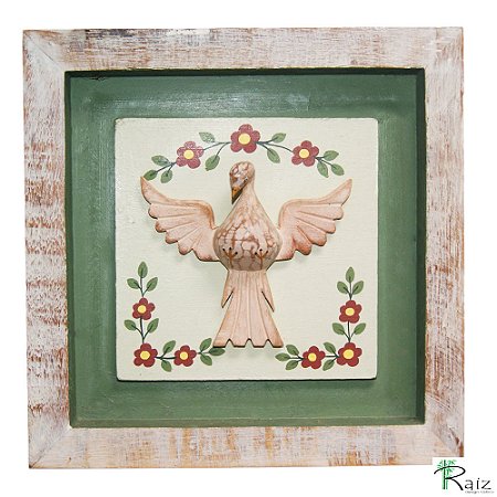 Quadro Divino Espírito Santo com Flores Rústico Encerado Pátina Branca Fundo Verde (26x26x3)cm