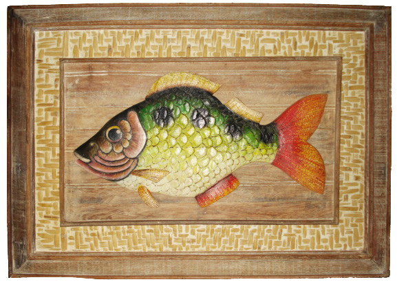 Quadro Peixe Madeira Com Trama de Fibra Natural (105x75cm)
