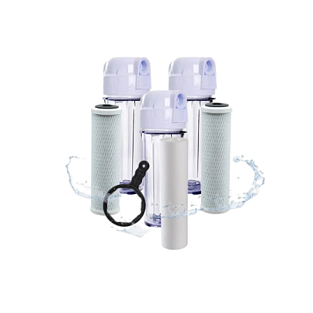 Kit 3 Carcaças Transparente 10 x 2 1/2 - 2 Carvão Ativado + 1 PP - 5 Micras