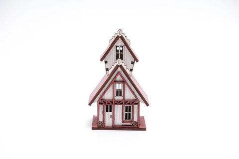 Casa Suculenta 2 Telhados Branco e Vermelho 7x5x12 Cm