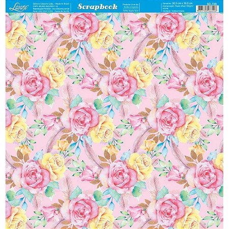 Papel Para Scrapbook Dupla Face 30,5 cm x 30,5 cm - SD-739 - Floral E Penas