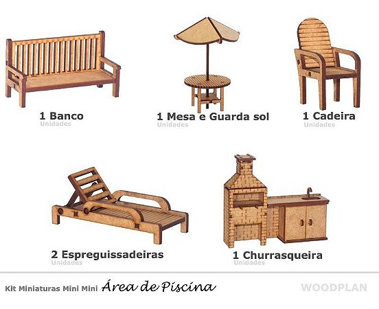 Kit Miniatura Área De Piscina Com 6 Peças Mdf Churrasqueira