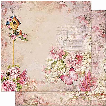 Papel Para Scrapbook Dupla Face 30,5 Cm X 30,5 Cm- Casa De Passarinho E Flores SD-863