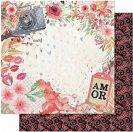 Papel Para Scrapbook Dupla Face 30,5 cm x 30,5 cm – Amor Love Story Flores Máq. Fotográfica SD-1010