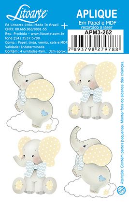 APM3-262 - Aplique Litoarte Em Papel E MDF - Elefantes Bebês Meninos