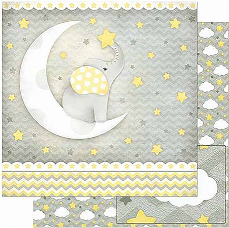 Papel Para Scrapbook Dupla Face 30,5 cm x 30,5 cm- SD-816 - Elefante Bebê Cinza e Amarelo