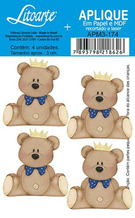 APM3-174 - Aplique Litoarte Em Papel E MDF - Urso de Coroa Marinho