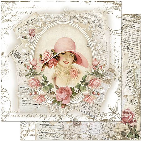 Papel Para Scrapbook Dupla Face 30,5 cm x 30,5 cm – Dama E Rosas Vintage SD-913
