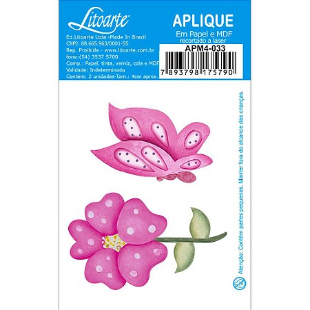 APM4-033 Aplique Litoarte Em Papel E MDF - Flor e Borboleta Rosas