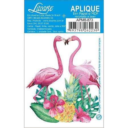 APM8-873 - Aplique Em Papel E MDF - Casal De Flamingo e Flores