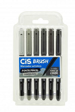 Caneta Pincel Brush Aquarelável Cis Kit 6 Cores Tons Cinza