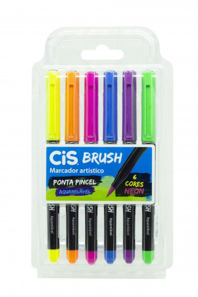 Caneta Pincel Brush Aquarelável Cis Kit Com 6 Cores Neon