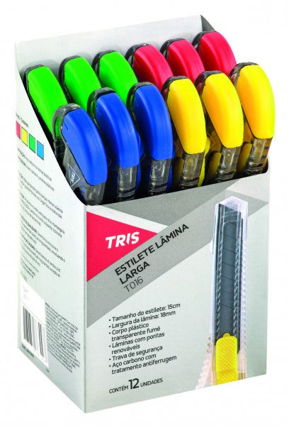 Estilete Plástico TRIS T016 Lâmina Larga - Kit Com 12 Unidad