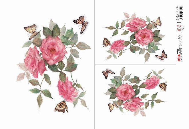 Papel Decoupage 30x45 cm OPAPEL 2483 - Flores Rosas e Borboletas