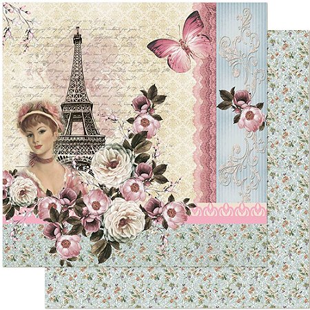 Papel Para Scrapbook Dupla Face 30,5 cm x 30,5 cm - SD-967 - Torre Eiffel, Dama E Flores