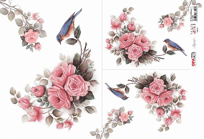 Papel Decoupage 30x45 cm OPAPEL 2484 - Flor Rosas e Pássaro