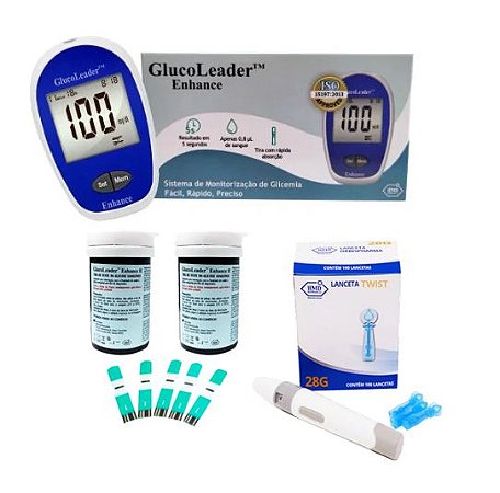 Kit Páscoa - 1 Medidor de Glicemia GlucoLeader + 100 tiras reagentes + 100 Lancetas Twist + 1 Caneta Lancetadora