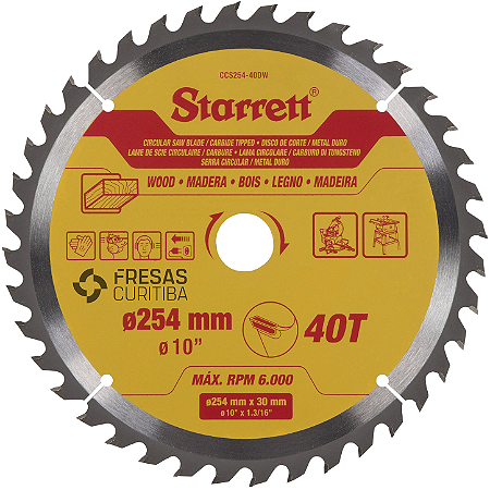 Disco de Serra Starrett Alternado E/D 40 dentes 254mm p/ madeira