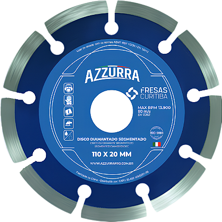 Disco diamantado segmentado Azzurra 110mm furo 20mm
