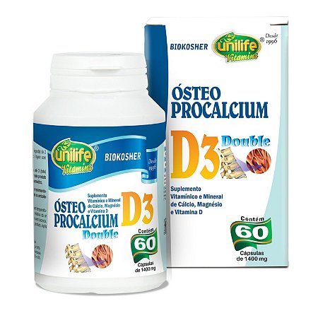 Ósteo Procalcium D3 Double – Suplemento Vitamínico e Mineral de Cálcio, Magnésio e Vitamina D – 60 cápsulas de 1400mg cada – Unilife Vitamins.