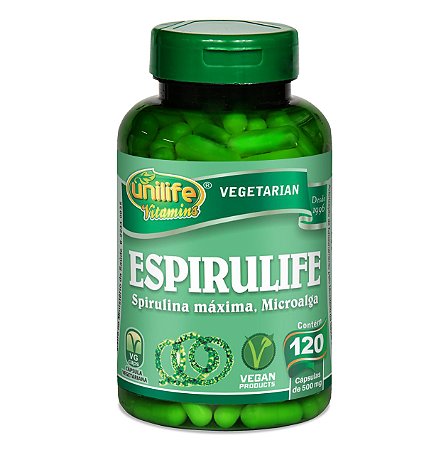 Espirulife - Spirulina máxima. Microalga – 120 cápsulas de 500mg cada -  Unilife Viamins.
