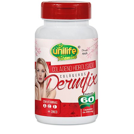 Colágeno Hidrolisado Dermfix – Colágeno hidrolisado com vitaminas A, C, E e Zinco com 60 cápsulas de 450mg – Unilife Vitamins.