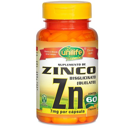 Zinco - Suplemento de Zinco Bisglicinato – Contém 60 cápsulas de 500mg (7mg de Zinco por cápsula) – Unilife Vitamins