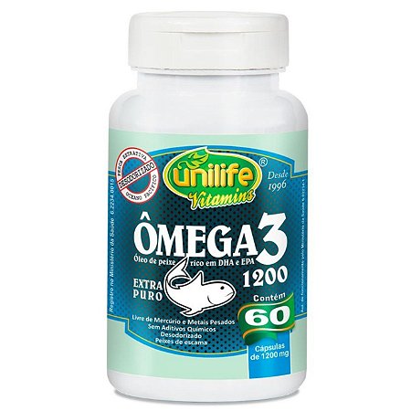 Ômega 3 – Óleo de peixe rico em DHA e EPA – contém 60 cápsulas de 1200mg cada – Unilife Vitamins