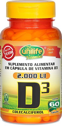Suplemento Alimentar de Vitamina D3 – Contém 60 cápsulas de 50mcg por cápsula – Unilife Vitamins