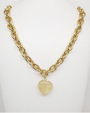 Colar coração pedra natural dourado