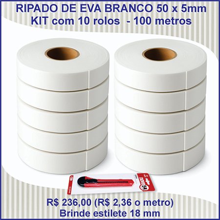 KIT Ripado EVA Branco Autoadesivo 10 Rolos - 5mm x 50mm x 100 metros