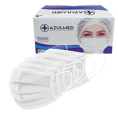 Kit 50 Máscaras Descartáveis Tripla Camada Branca com elastico Azulmed