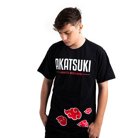 Camiseta Unissex Naruto Akatsuki Aldeias Nuvem Ombro a Ombro