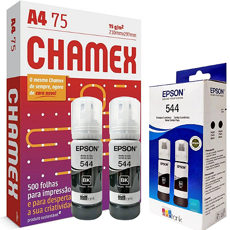 Kit 2 Garrafa Epson T544 para Ecotank Preto + Papel sulfite