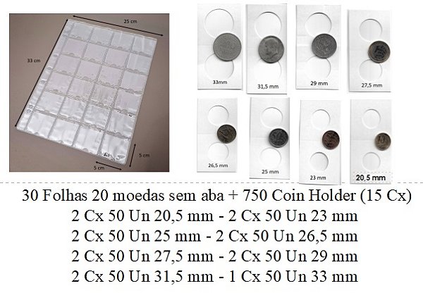 30 Folhas 24 Moedas Sem Aba + 750 COin Holder (15 Cx)