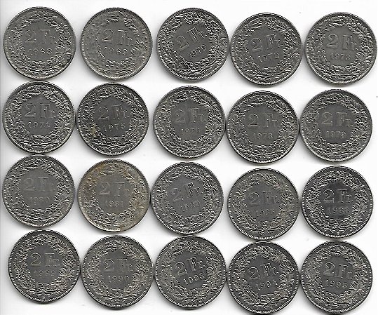 Suíça Cubro Níquel 20 Moedas 2 FR Sem Repetição de Datas Lt 3970