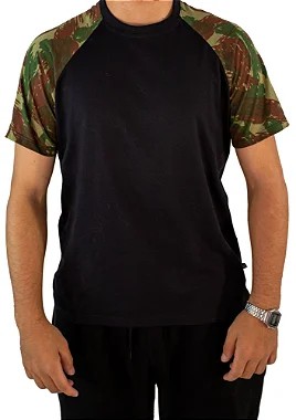 CAMISETA RAGLAN PRETA COM MANGA CAMUFLADA - 100% ALGODÃO