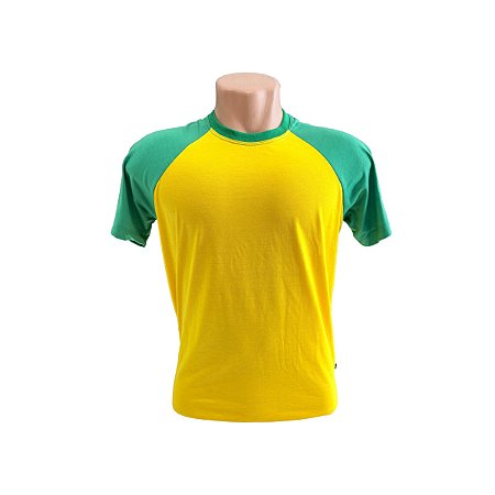 CAMISETA RAGLAN AMARELA COM MANGA VERDE 100% POLIÉSTER