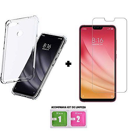 Capa antishock transparente com bordas reforçadas + película de vidro  temperado compatível com xiaomi mi 8 lite - acompanha kit limpeza de  aplicação da película - Sky Dreams
