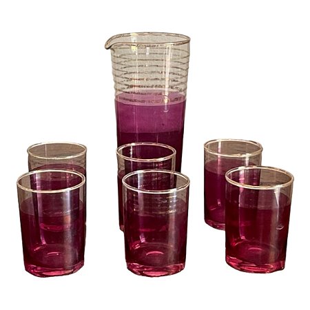 Antigo conjunto de jarra e 5 copos em vidro colorido, rosa , jarra mede