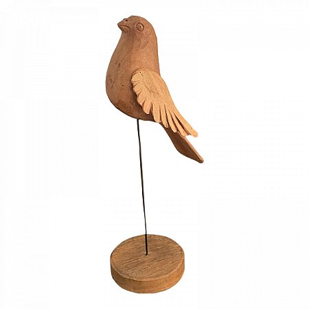 Escultura em madeira representando pássaro, haste em ferro e base redonda em madeira, mede 36 cm altura, 11x11 base, peso 500 gramas