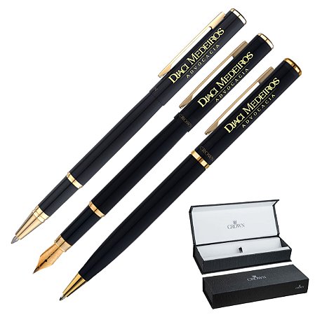 Conjunto Premium 3 Peças Crown Capricci Preto Personalizado - Esferográfica, Roller e Tinteiro