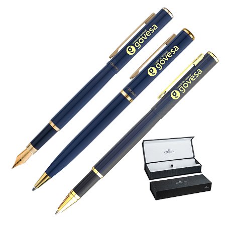 Conjunto Premium 3 Peças Crown Capricci Azul Personalizado - Esferográfica, Roller e Tinteiro