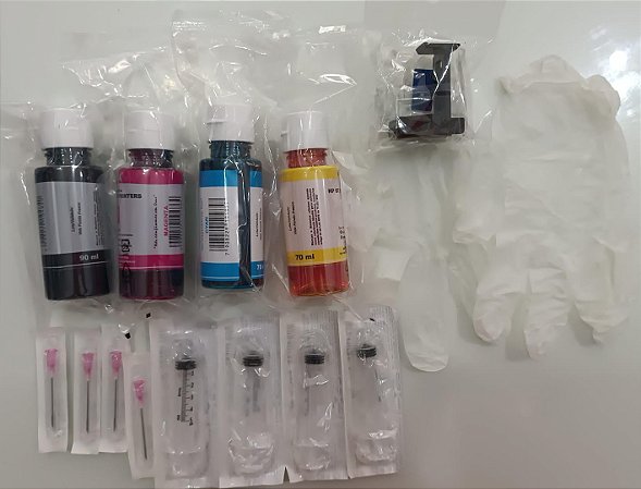Kit 4 Tintas para  Recarregar cartuchos HP 667/664/122 possui amarelo 70ml, azul 70ml, magenta 70ml e preto 90ml