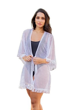 Saida De Praia Kimono Vestido Curto Branco