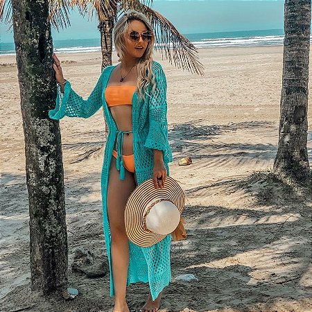 Saída De Praia Longa Moda Praia Tricô Luxo Verão Conforto Manga Flare