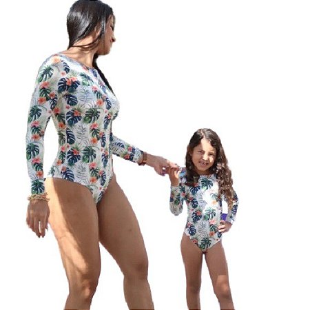 Kit Tal Mãe Tal Filha Body Maiô Infantil Manga Comprida Surf